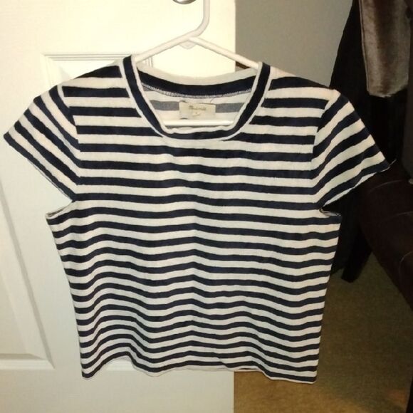 Madewell Striped Short Sleeve Terry Cloth Shirt in Navy and White - Picture 1 of 4